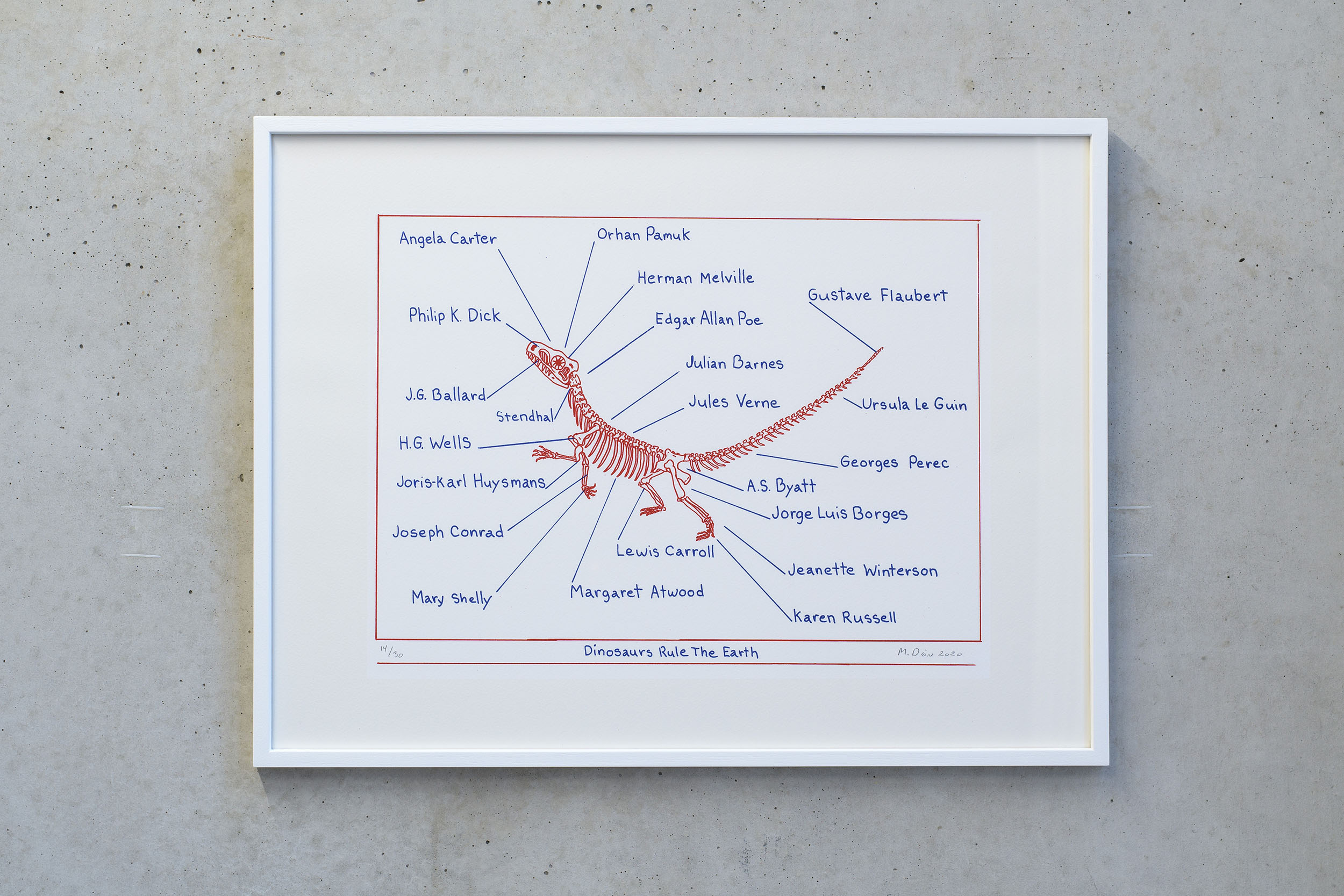 Mark Dion, Dinosaures Rule The Earth, 2020, red and blue pencil on paper, 52 x 39 cm, Edition of 30